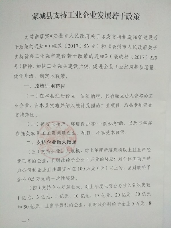 蒙城县人民政府关于印发蒙城县支持工业企业发展若干政策的通知(图2)